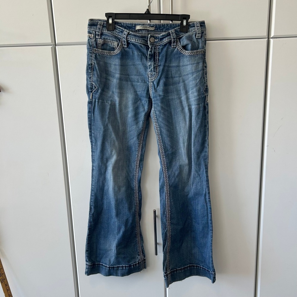Rock & Roll Cowgirl Bootcut Jeans Medium Wash Thick Stitch W36 L32 Stretch